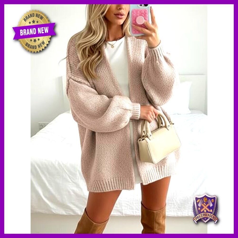 Oversized Chunky Knit Cardigan with Lantern Sleeves, Open Front, Below Hip - Picture 5 of 7